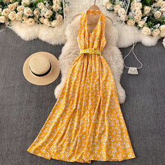 Vintage Dress, Boho Maxi Dress, Halter Neck Drees, Yellow Blue Daisy