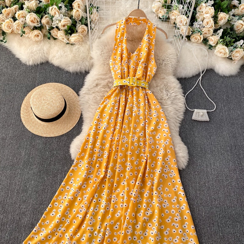 Vintage Dress, Boho Maxi Dress, Halter Neck Drees, Yellow Blue Daisy