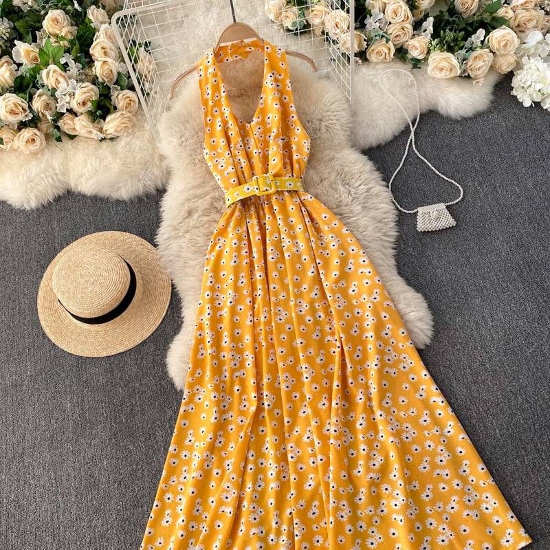 Vintage Dress, Boho Maxi Dress, Halter Neck Drees, Yellow Blue Daisy