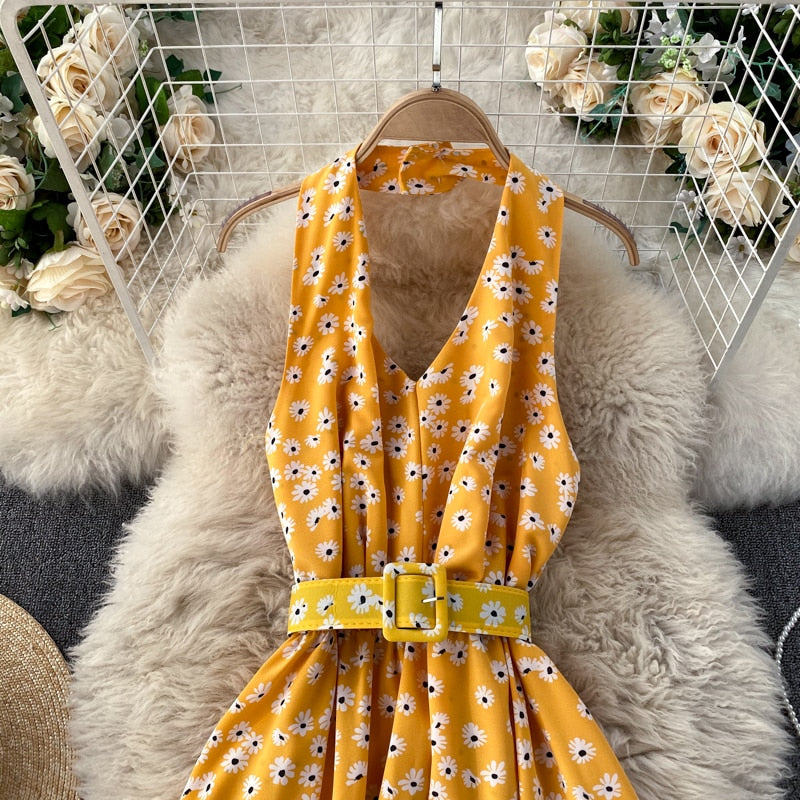 Vintage Dress, Boho Maxi Dress, Halter Neck Drees, Yellow Blue Daisy