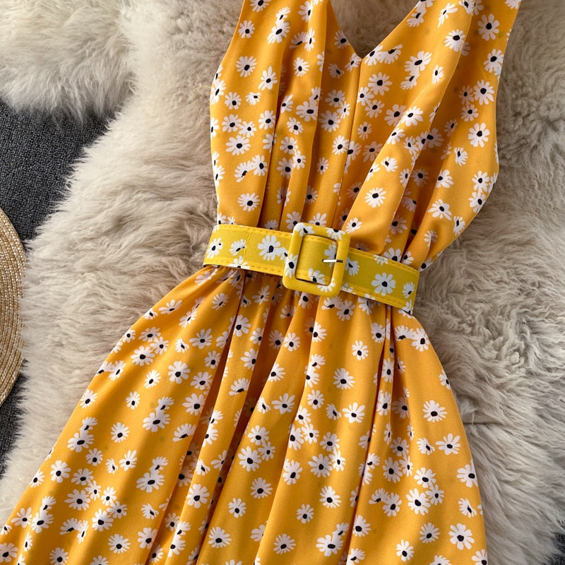 Vintage Dress, Boho Maxi Dress, Halter Neck Drees, Yellow Blue Daisy
