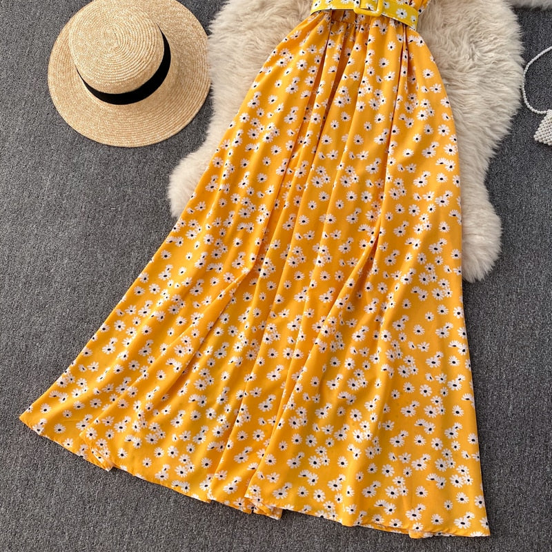 Vintage Dress, Boho Maxi Dress, Halter Neck Drees, Yellow Blue Daisy