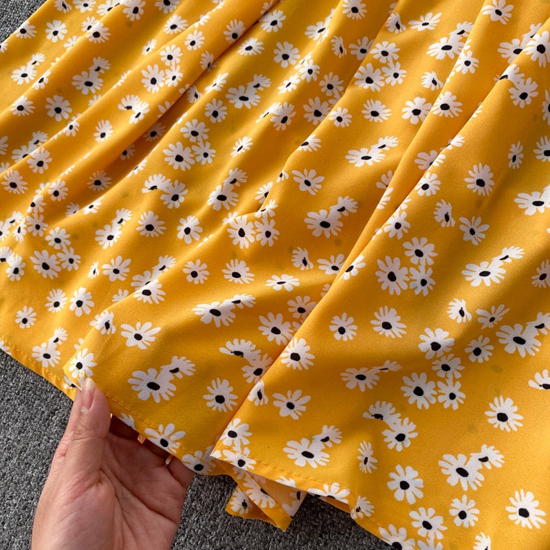 Vintage Dress, Boho Maxi Dress, Halter Neck Drees, Yellow Blue Daisy