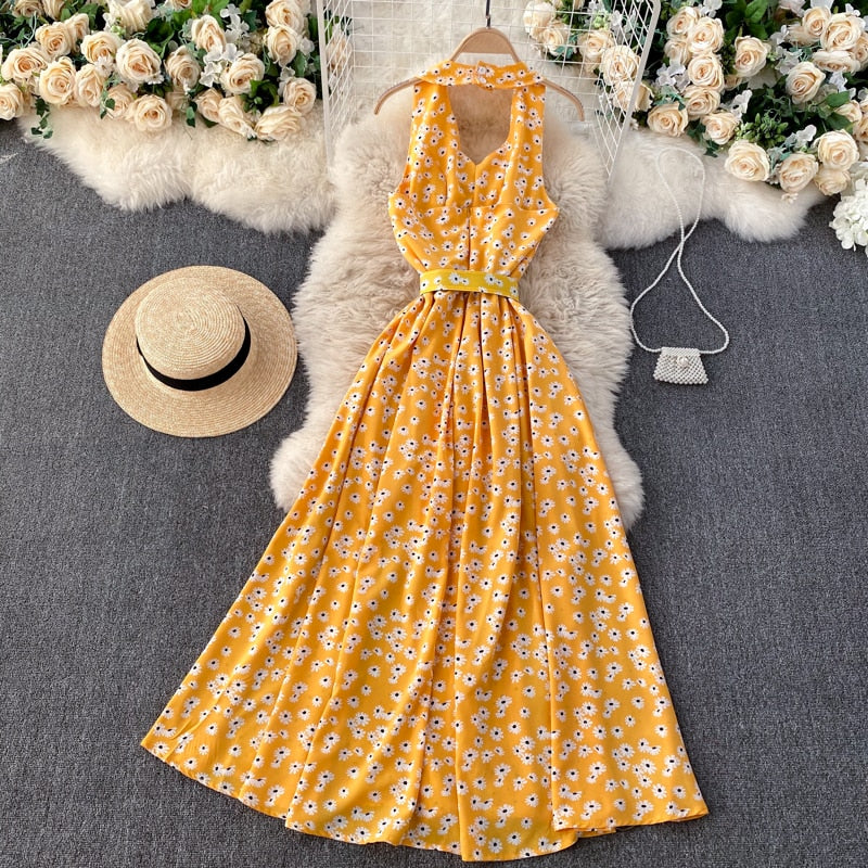 Vintage Dress, Boho Maxi Dress, Halter Neck Drees, Yellow Blue Daisy