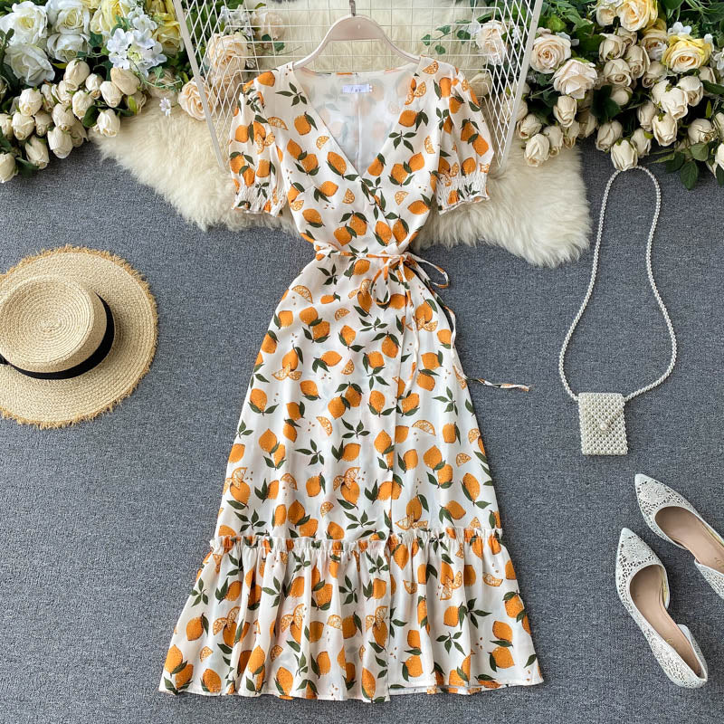 Vintage Dress, Boho Midi Dress, Dress, Retro Yellow Lemon Garden