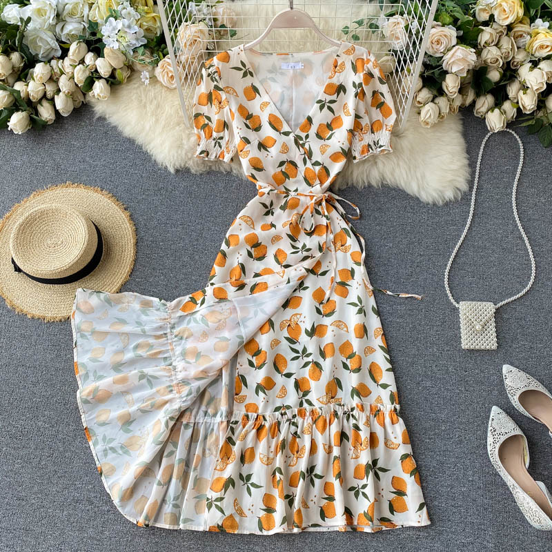 Vintage Dress, Boho Midi Dress, Dress, Retro Yellow Lemon Garden
