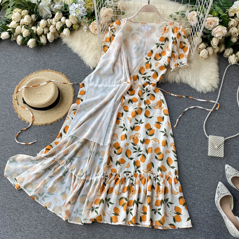Vintage Dress, Boho Midi Dress, Dress, Retro Yellow Lemon Garden