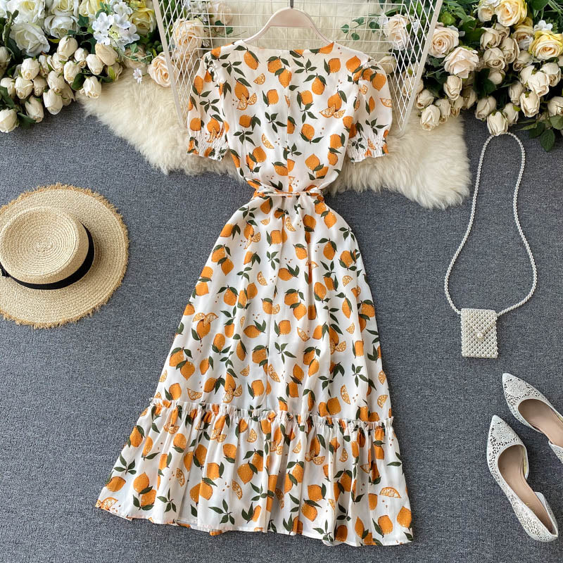 Vintage Dress, Boho Midi Dress, Dress, Retro Yellow Lemon Garden