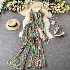 Vintage Two Piece Set, Boho Matching Top and  Pleated Pant, Gypsy Orange and Green