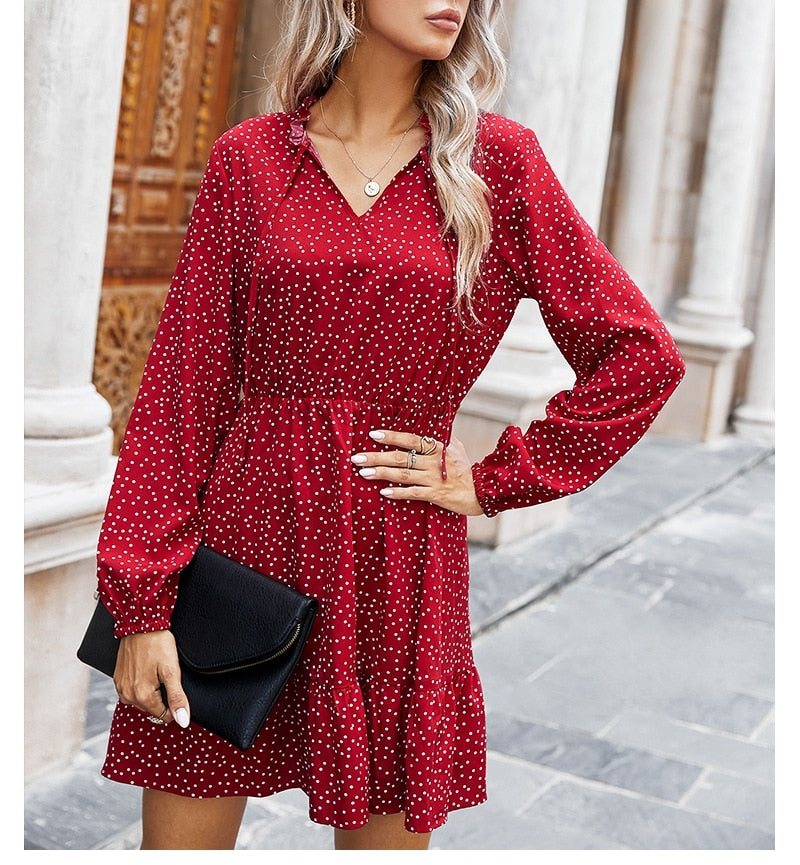 Boho Mini Dress Ruffle Polka Dot in Navy and Red