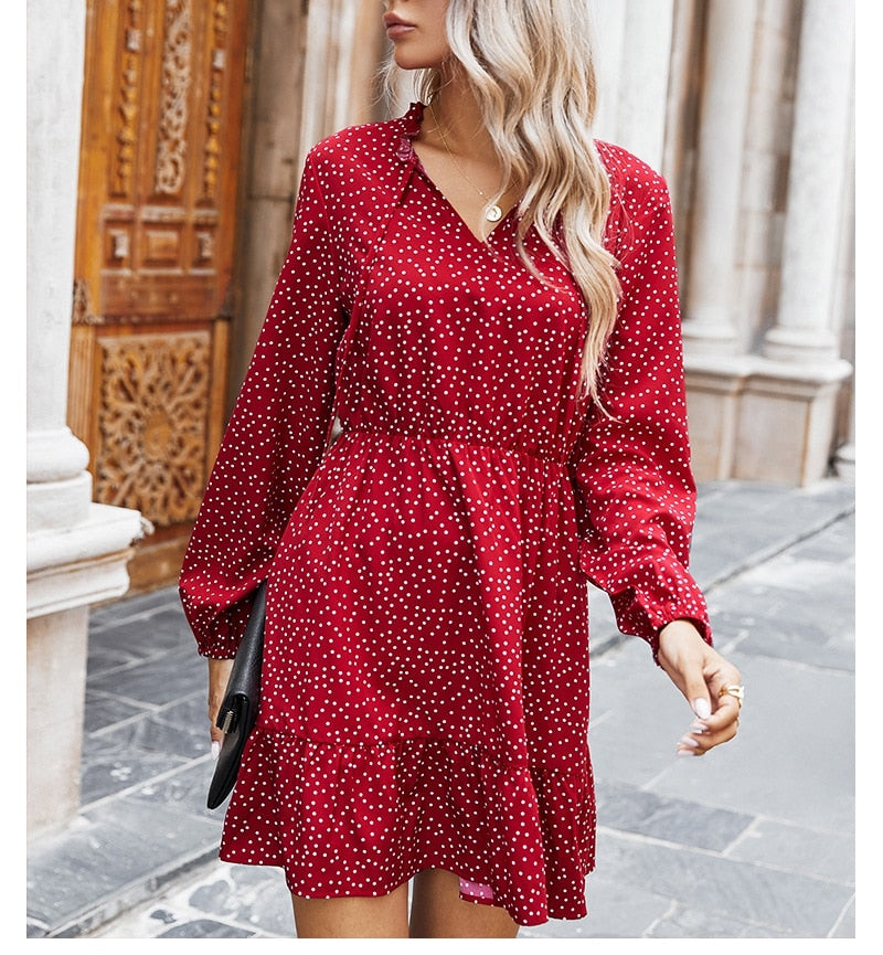 Boho Mini Dress Ruffle Polka Dot in Navy and Red