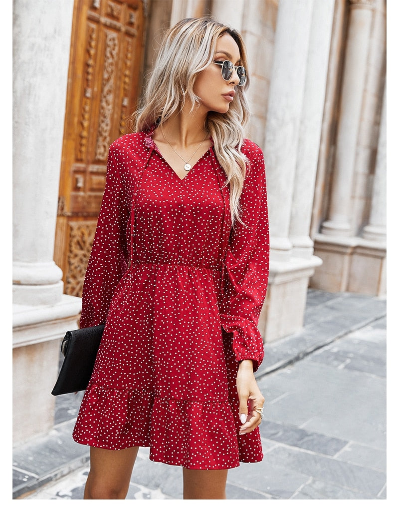 Boho Mini Dress Ruffle Polka Dot in Navy and Red