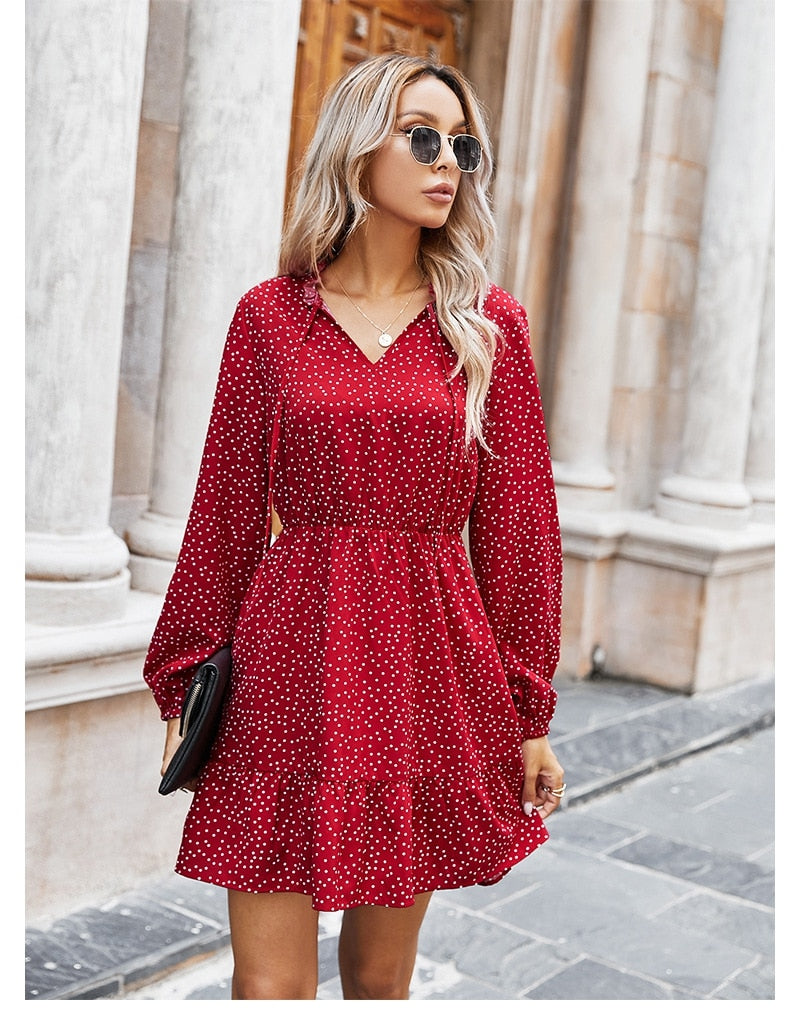 Boho Mini Dress Ruffle Polka Dot in Navy and Red