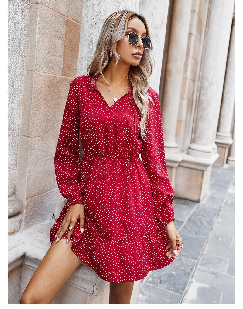 Boho Mini Dress Ruffle Polka Dot in Navy and Red