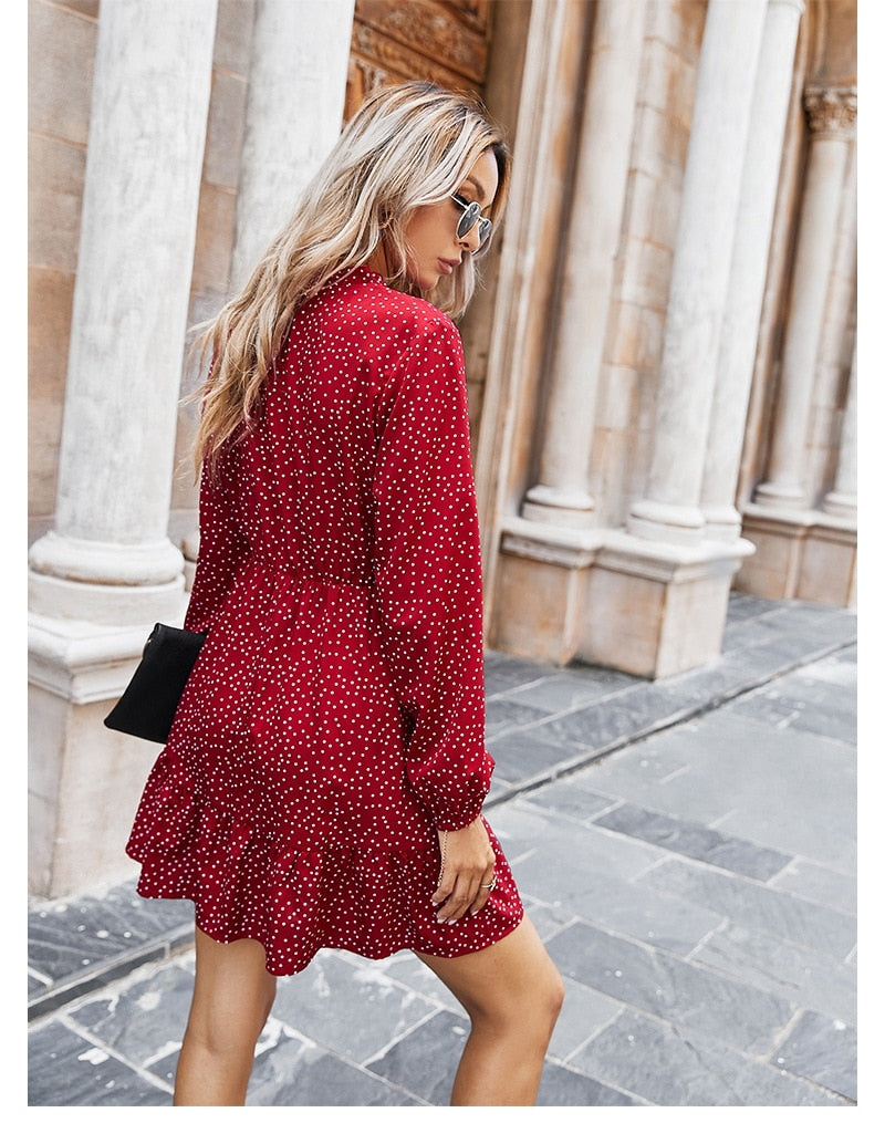 Boho Mini Dress Ruffle Polka Dot in Navy and Red