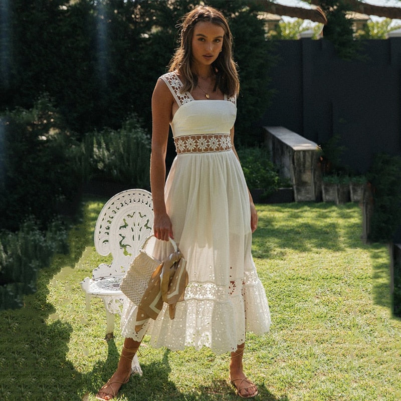 Boho Midi Dress, Strappy, Giselle in White Lace