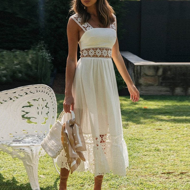 Boho Midi Dress, Strappy, Giselle in White Lace