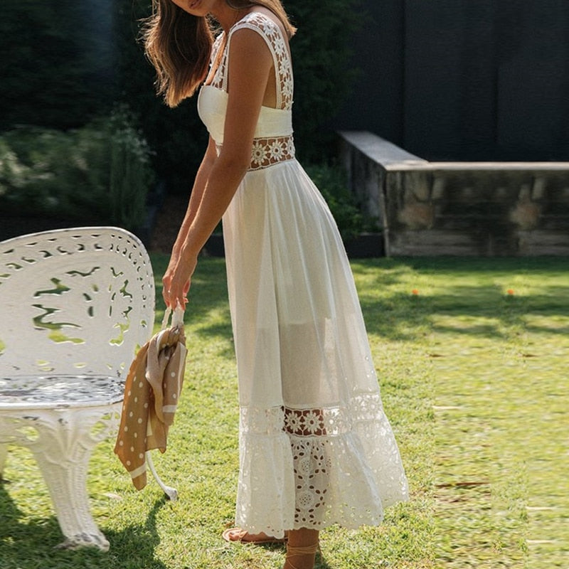 Boho Midi Dress, Strappy, Giselle in White Lace