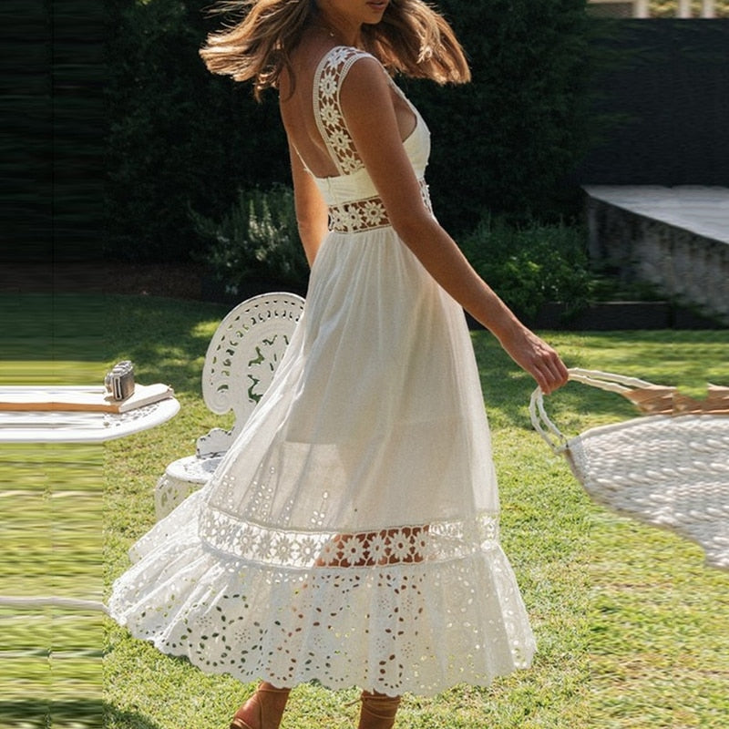 Boho Midi Dress, Strappy, Giselle in White Lace