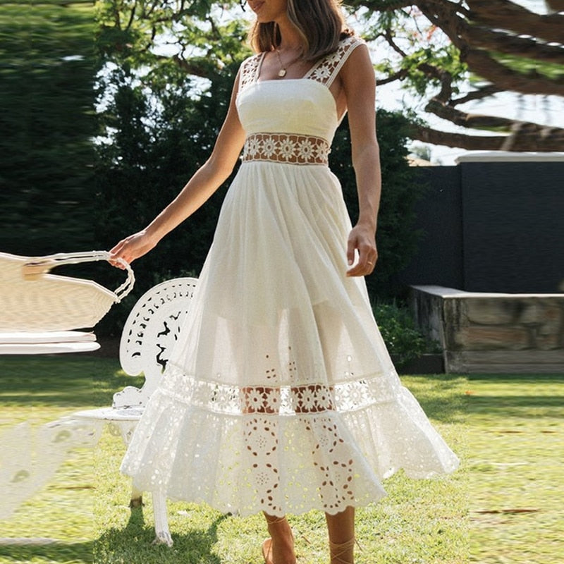Boho Midi Dress, Strappy, Giselle in White Lace