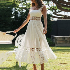 Boho Midi Dress, Strappy, Giselle in White Lace