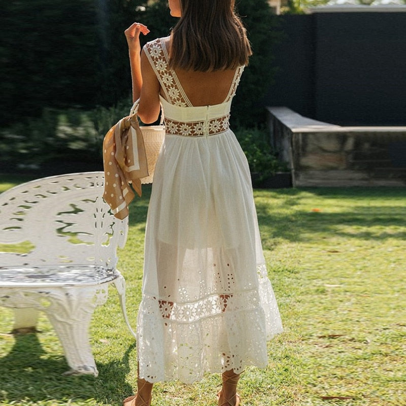 Boho Midi Dress, Strappy, Giselle in White Lace