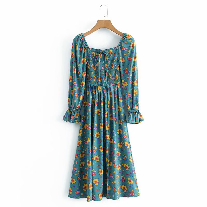 Boho Midi Dress, Smocked Dress, Green Poppy