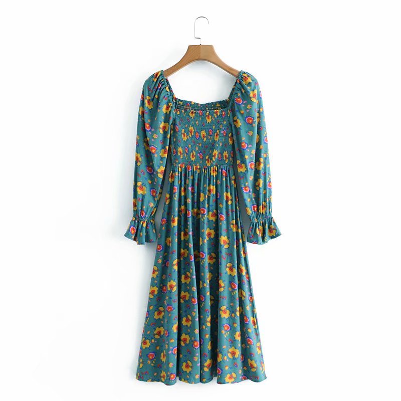 Boho Midi Dress, Smocked Dress, Green Poppy