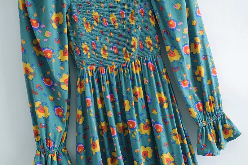 Boho Midi Dress, Smocked Dress, Green Poppy
