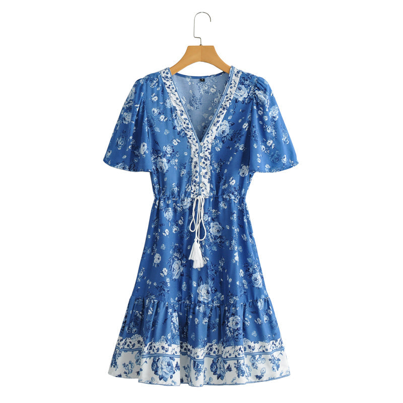 Boho Mini Dress Sundress, Vacation in Blue Sea