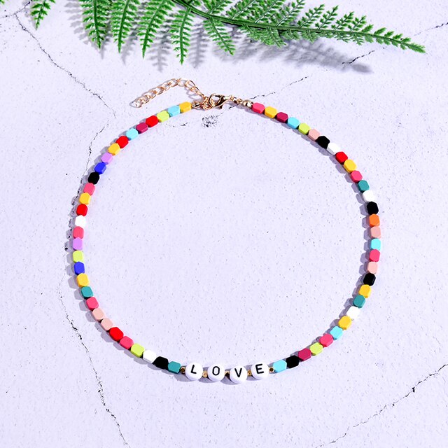 Boho Personalized Custom Necklace, Geometric Beads Choker, Rich Love Lucky Happy