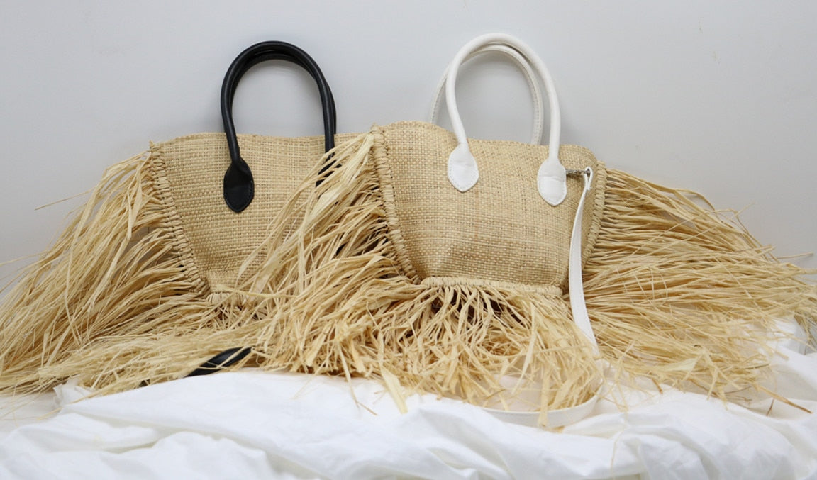 Boho Bag, Woven Raffia Bag, Rattan Bag, White Ivory Adele Tassel