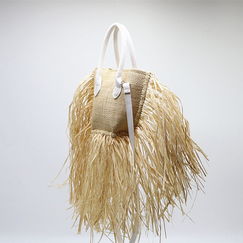 Boho Bag, Woven Raffia Bag, Rattan Bag, White Ivory Adele Tassel