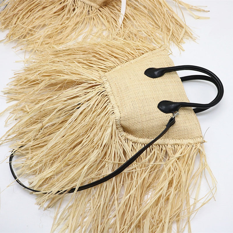 Boho Bag, Woven Raffia Bag, Rattan Bag, White Ivory Adele Tassel