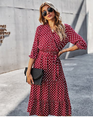 Boho Midi Dress, Ruffle Polka Dot in Red