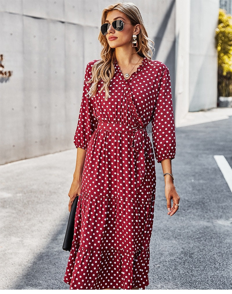 Boho Midi Dress, Ruffle Polka Dot in Red