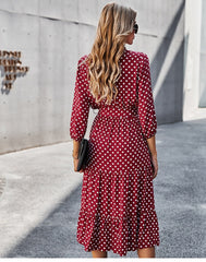 Boho Midi Dress, Ruffle Polka Dot in Red