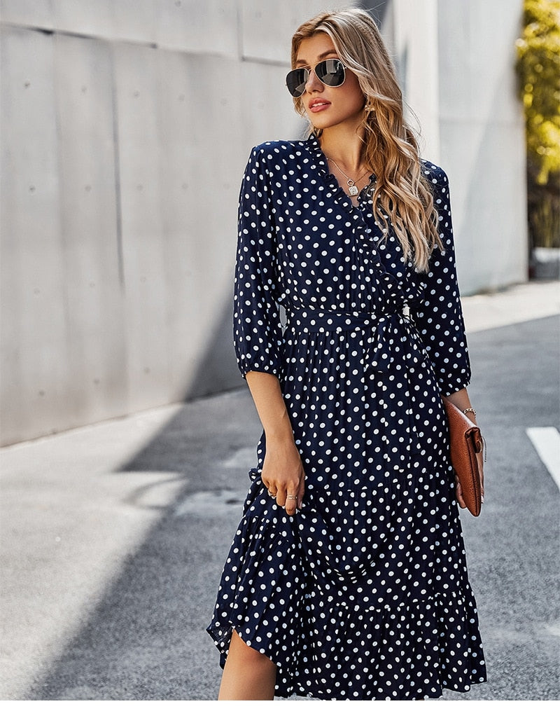 Boho Midi Dress, Ruffle Polka Dot in Navy Blue