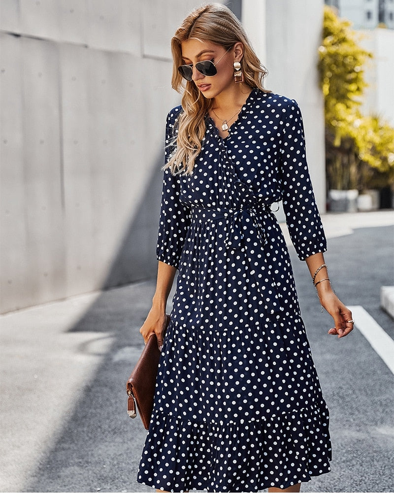 Boho Midi Dress, Ruffle Polka Dot in Navy Blue