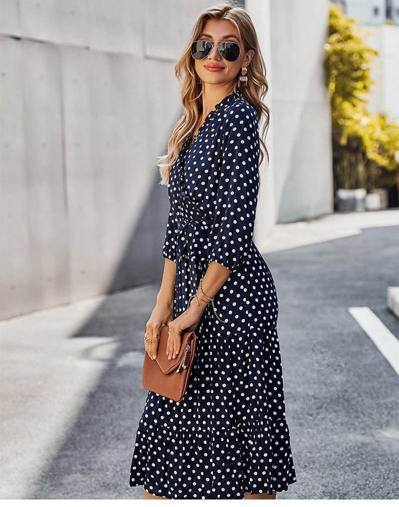 Boho Midi Dress, Ruffle Polka Dot in Navy Blue