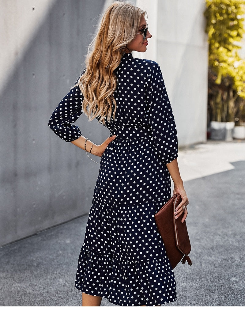 Boho Midi Dress, Ruffle Polka Dot in Navy Blue
