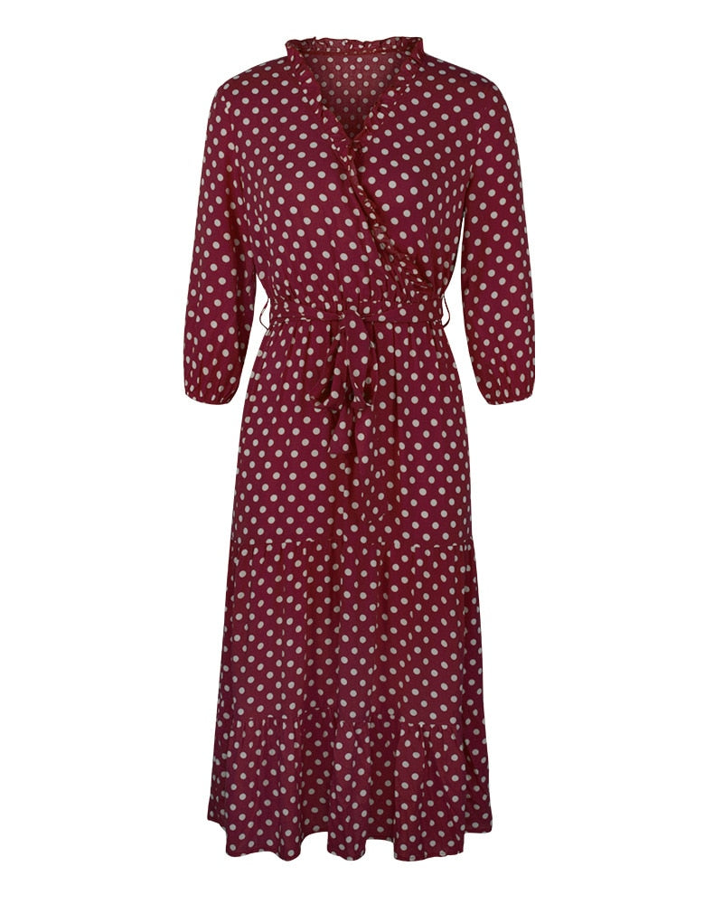 Boho Midi Dress, Ruffle Polka Dot in Red