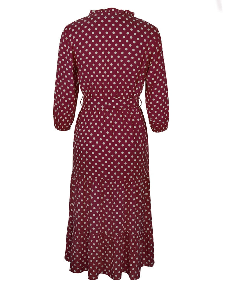 Boho Midi Dress, Ruffle Polka Dot in Red
