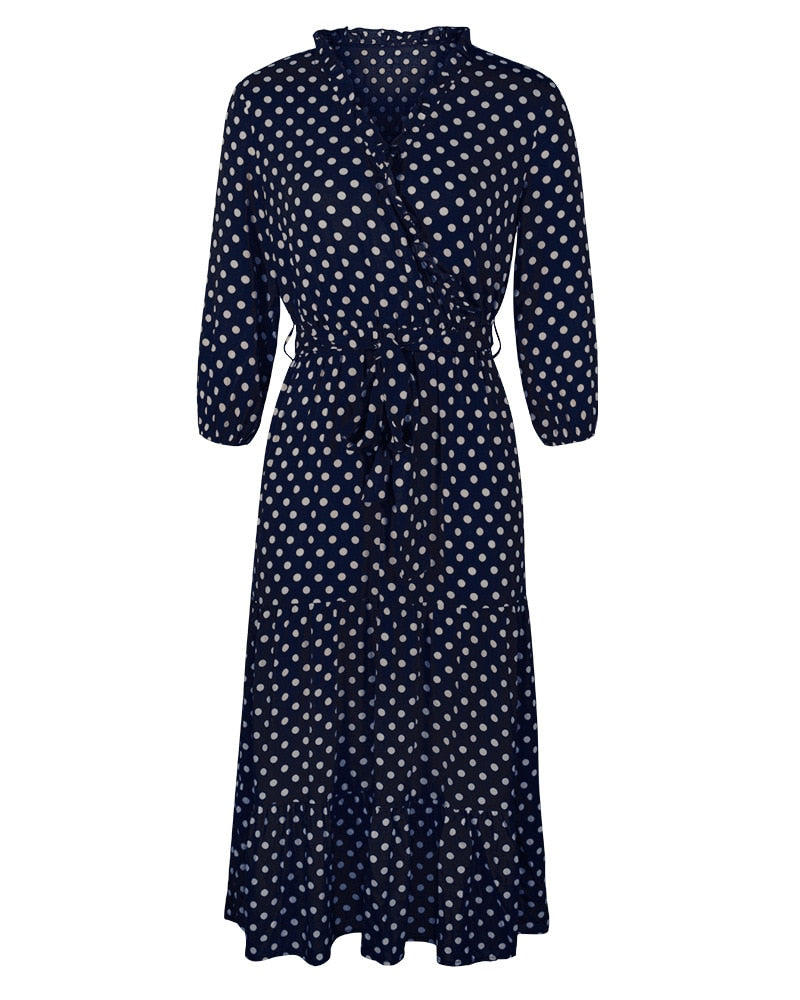 Boho Midi Dress, Ruffle Polka Dot in Navy Blue