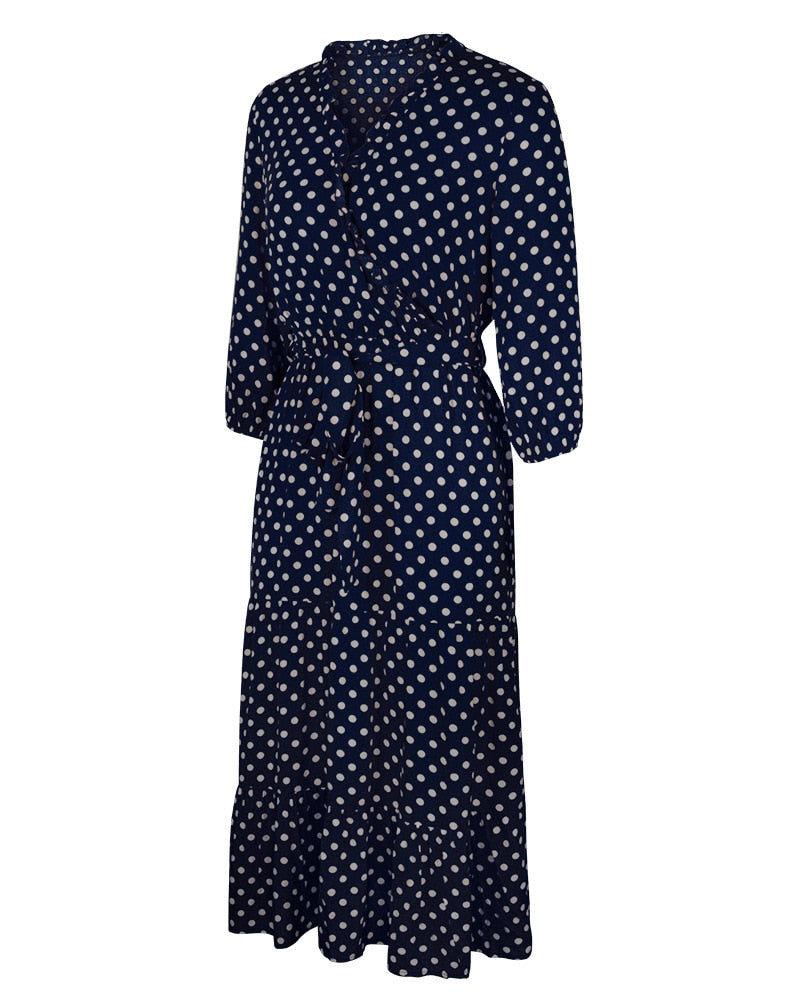 Boho Midi Dress, Ruffle Polka Dot in Navy Blue