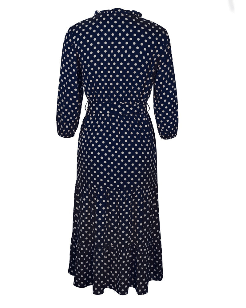 Boho Midi Dress, Ruffle Polka Dot in Navy Blue