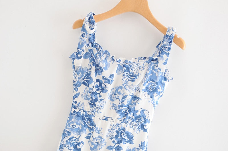 Boho Midi Dress, Strappy Sundress, Blue Rose
