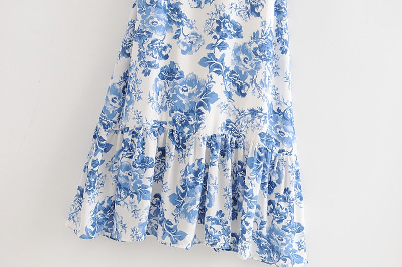 Boho Midi Dress, Strappy Sundress, Blue Rose