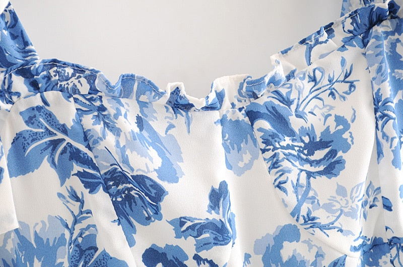 Boho Midi Dress, Strappy Sundress, Blue Rose