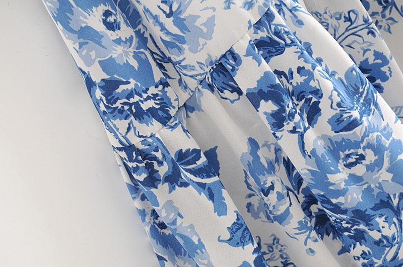 Boho Midi Dress, Strappy Sundress, Blue Rose